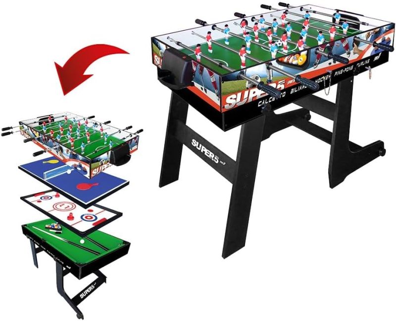 Calcio Balilla Pieghevole Tavolo Multigioco Bambini 5 in 1 Calcio Balilla, Biliardo, Ping Pong, Hockey e Curling - Dimensioni 120x60x83 cm