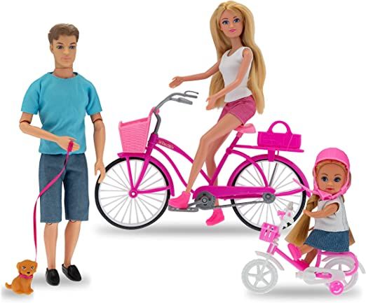 Teorema 67265 - Bambola Dea per bambini con figlia in bicicletta, 1 Personaggio Maschile con a guinzaglio un Cane, 2 Caschi protettivi, in Vinile con ginocchia pieghevoli, altezza 29cm e 11,5cm