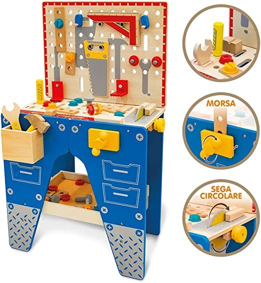  Banco Da Lavoro Per Bambini Legno da Lavoro Attrezzi di Legno Banco Giocattolo Accessori Gioco dai 2 Anni Giochi Cassetta Costruzione Trapano Regalo Utensili Educativi Kit Viti Officina 81x48x34cm