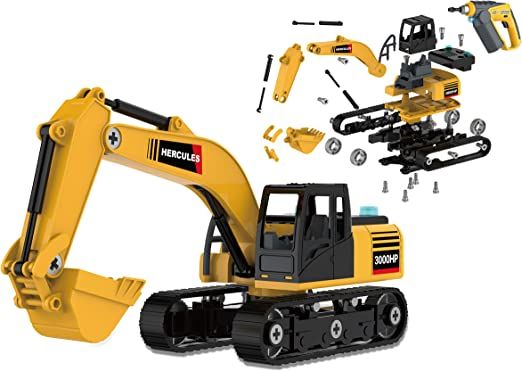 Teorema 67316 - Escavatore Giocattolo 3 in 1, da Smontare e Rimontare, con 130 pezzi, incluso Avvitatore a batteria, con luci e suoni