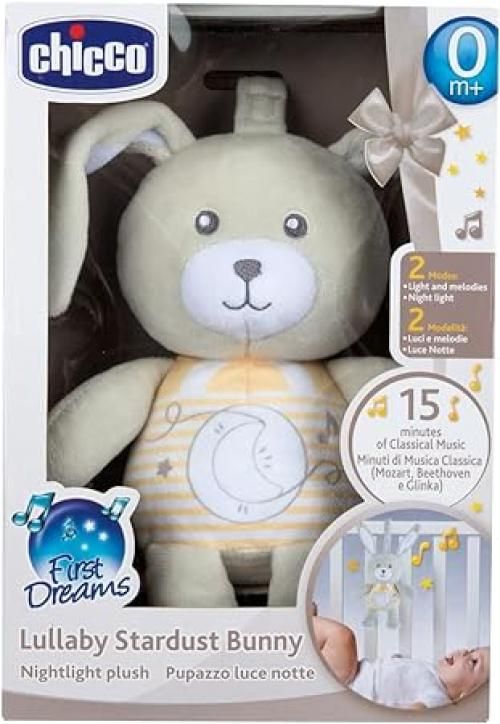 Chicco Coniglietto Polvere di Stelle First Dreams, Pupazzo con Luce Notte Morbido con laccetti per agganciarlo, Con Luci soffuse e Suoni, 15 Minuti di Melodie, Lavabile in Lavatrice, 0 mesi+