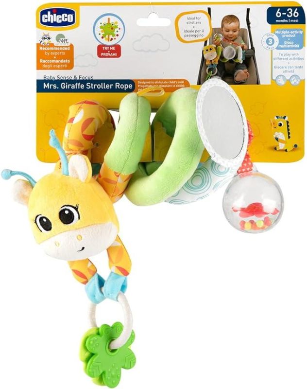 Chicco Fune Passeggio Mrs Giraffa, Spirale Passeggino Colorata a Forma di Giraffa, Gioco Passeggino con Sonaglio, Anello con Attivita e Specchietto - Giochi Neonato e Bambini 6 Mesi - 3 Anni