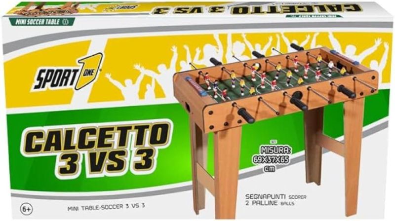Sport1 Calcetto indoor Mini Goal con gambe. Calcetto balilla da interno in MDF, misure 69x37x65cm. Bigliardino da casa con 6 aste passanti. Segnapunti e palline incluse. Colore legno, Taglia unica