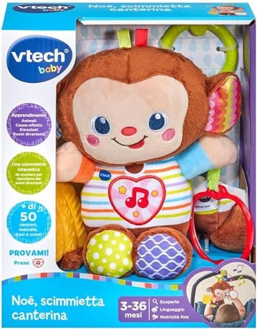 VTech Noe Scimmietta Canterina, Sonaglio Neonato con Sensore di Movimento e Cuore Luminoso, Gioco Neonato con piu di 50 Melodie, Frasi e Suoni, Lingua Italiana, Batterie Incluse, 3-36 Mesi
