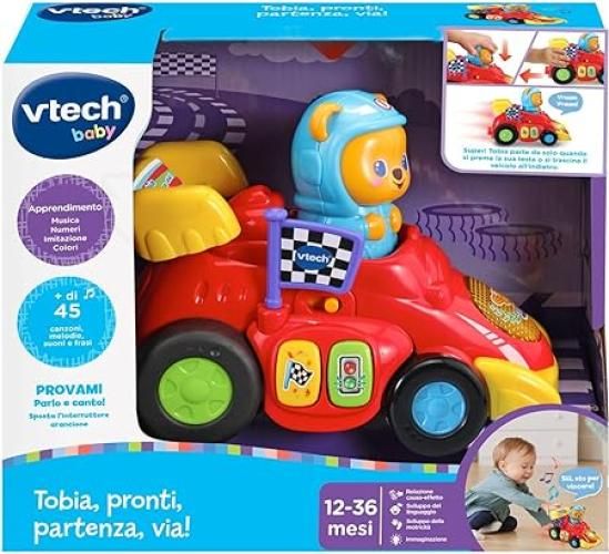VTech Tobia, Pronti, Partenza, Via!, Macchinina Giocattolo con 2 Modalita di Partenza, Macchinina per Bambini con Piu di 45 Canzoni e Suoni Regolabili, Lingua Italiana, Batterie Incluse, 12-36 Mesi