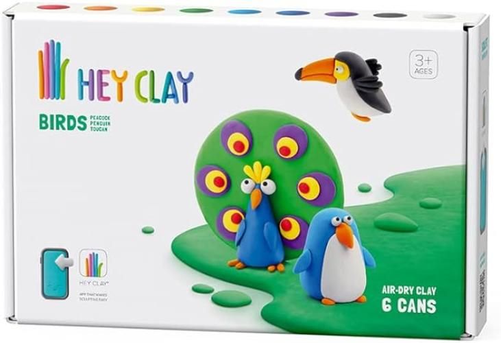 Hey Clay Birds 2, pasta modellabile medium set Uccelli 2. Argilla da Modellare per Bambini in confezione da 3 soggetti con 6 colori. Set medio da 3 uccelli e 6 colori. Con App interattiva. Atossica