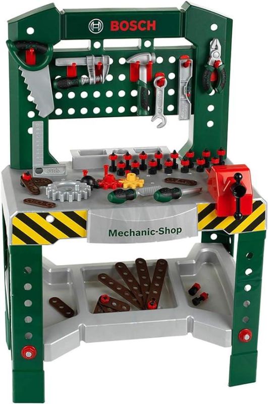 Klein Theo 8574 Banco da Lavoro Bosch da 77 Pezzi con cacciavite, Chiave Inglese, Martello e Molto Altro, Piano di Lavoro con Funzione, 57 x 35 x 86 cm, Giocattolo per Bambini a Partire dai 3 Anni