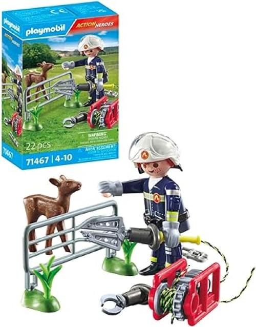 Playmobil 71467 Vigile del fuoco con Faon da salvare - Azione Hereos - con Un Personaggio, Un Faon, Un Cloture e Accessori di salvataggio - Citta & Mestieri - Da 4 Anni