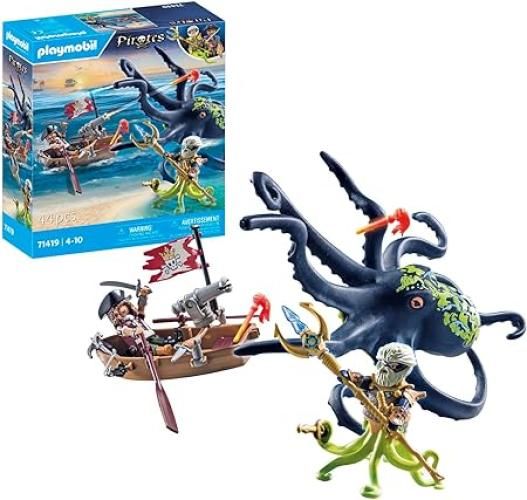 Playmobil Pirates 71419 Pirata contro piovra gigante, Pirati contro Deepers, la piovra ha una vera funzione di spruzzo d`acqua, con molti accessori, giocattolo per bambini dai 4 anni in su