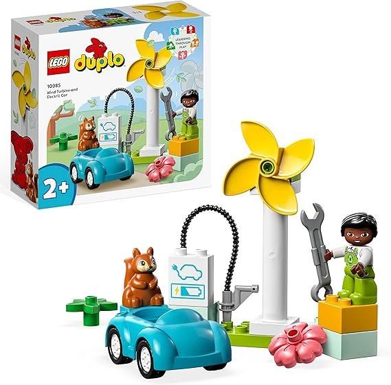 LEGO DUPLO Town Turbina Eolica e Auto Elettrica, Macchina Giocattolo, Giochi Educativi per Bambini dai 2 Anni, Set di Giocattoli per una Vita Sostenibile 10985