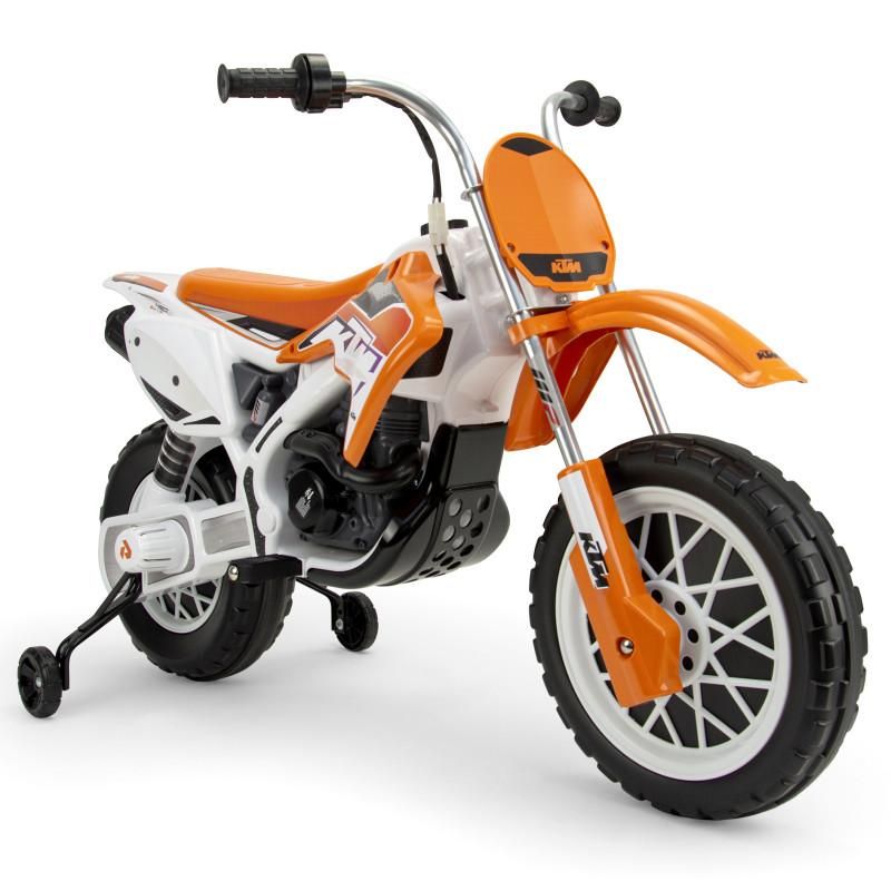 Moto Cross  per Bambini con Batteria 12V, Dimensioni 116x59x80cm, Altezza Seduta 50cm, Velocita 5-6km/h, Stabilizzatori, Ruote con Banda Gommata, Freno Elettrico, Supporta fino a 50kg, Adatto dai 3 Anni in Su, Licenza KTM