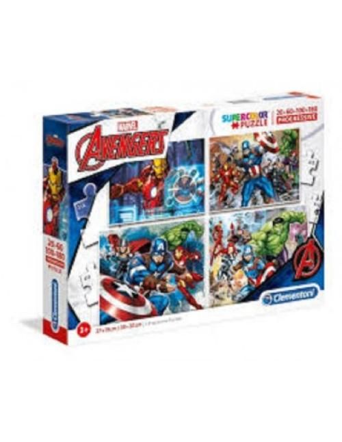 Puzzle-Supercolor Puzzle Marvel Aengers, 4 puzzle progressivi 20pcs,60pcs,100pcs,180pcs-Clementoni-Eta 3+