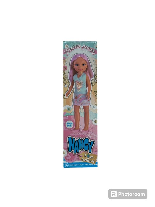 Bambola,Nancy Love Nature Flower Power,bambola capelli rosa vestito azzurro 42 cm,Famosa,Eta 3+