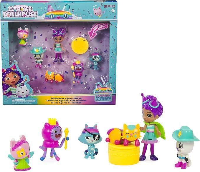 Gabby`s Dollhouse Tema con Gabby Girl, 5 Personaggi Gatto, Giocattoli da Surprise e Accessori per la casa delle Bambole Celebration Figure Gift Pack, Spin Master,Eta 3+