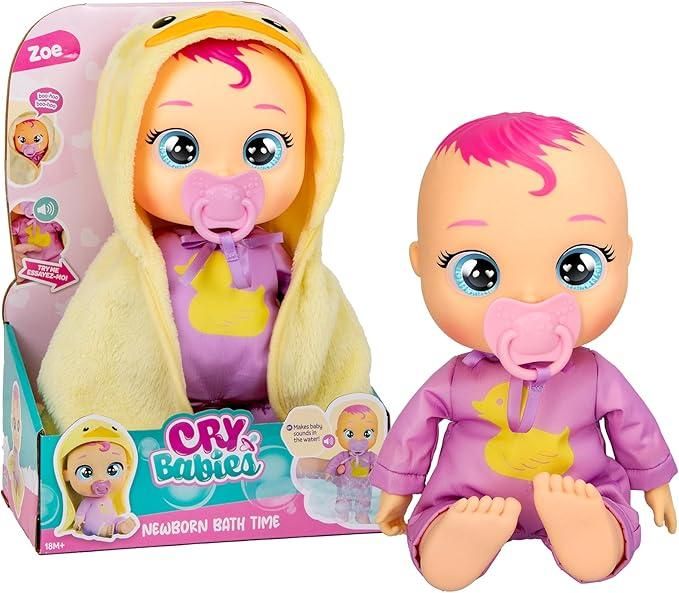 CRY BABIES Newborn Bath Time Zoe, Bambola Reagisce Quando Si Bagna, Impermeabile, Piange Lacrime Vere, Ha un Accappatoio Personalizzato,IMC Toys,Eta +18 mesi