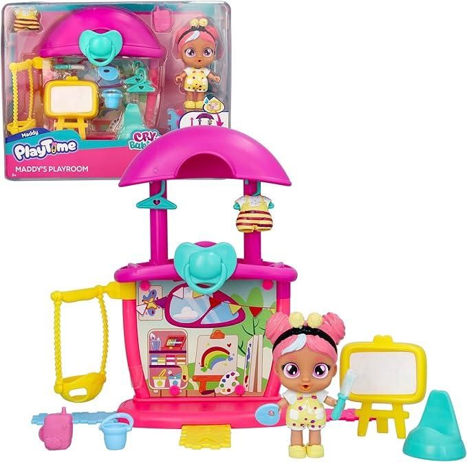 PLAYTIME CRY BABIES Stanza Dei Giochi Di Maddy, Bambola con Mini Playset della Stanza Dei Giochi Di Maddy, Con 14+ Accessori, che Piange Lacrime Vere con Funzione Magica,IMC Toys,Eta 3+
