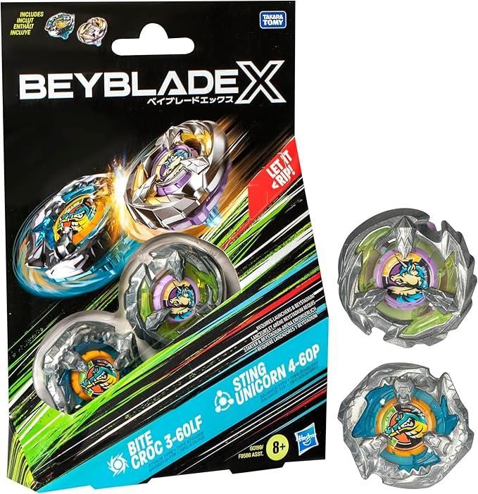 Beyblade X,Bire Croc 3-60LF,Sting Unicorn 4-60P,pack due beyblade,Hasbro,Eta 8+