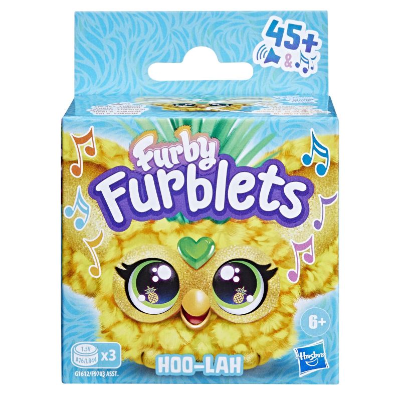 Furby Furblets, Hoo-Lah, amico in miniatura, piu di 45 suoni, musica da videogioco e frasi Furbish, color giallo,Hasbro,Eta 6+
