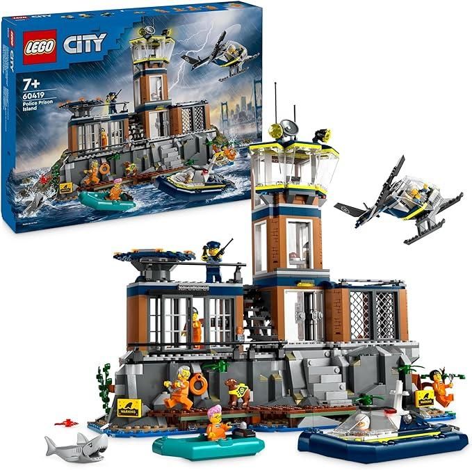 LEGO City Prigione sull`Isola della Polizia, Giocattolo ricco di Funzioni con Elicottero, Barca, Gommone da Costruire, 7 Minifigure, Cane e Squalo,Eta 7+