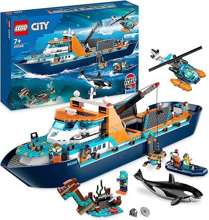 LEGO City Esploratore Artico, Grande Nave Giocattolo Galleggiante con Elicottero, Gommone, Sottomarino, Relitto Barca Vichinga, 7 Minifigure e un`Orca,Eta 7+