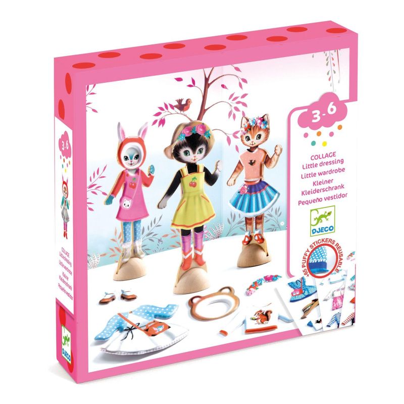 Collage little dressing, 3 adorabili sagome di gattine con vestiti adesivi da incollare e reincollare a piacere,Djeco,Eta 3-6 anni