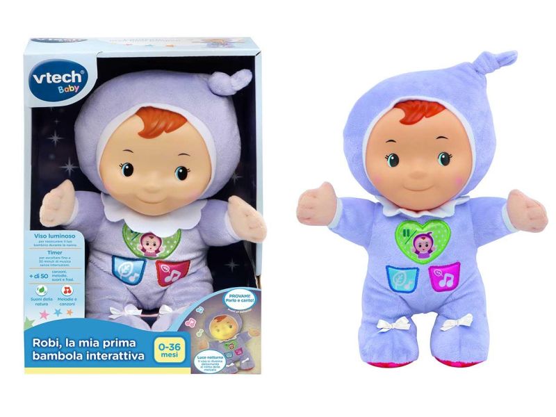 Vtech Robi la mia prima bambola interattiva, Bambola morbida con viso luminoso,+ di 50 canzoniemelodie,Eta 0-36 mesi
