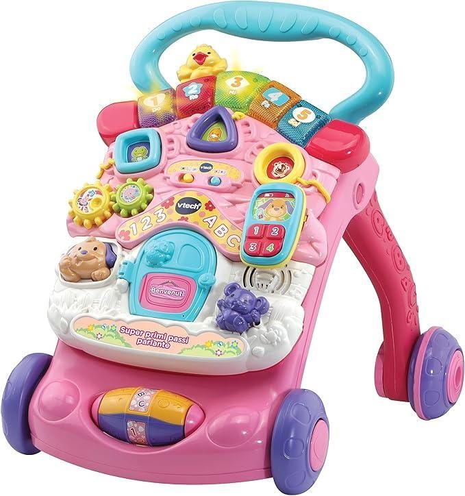 VTech Super Primi Passi Parlante 2 in 1 - Rosa, Primi Passi per Bambini con Sensore di Movimento e Sistema Frenante, Maniglia, Gioco Bambino con Animali e Numeri, Batterie Incluse, 9-36 Mesi