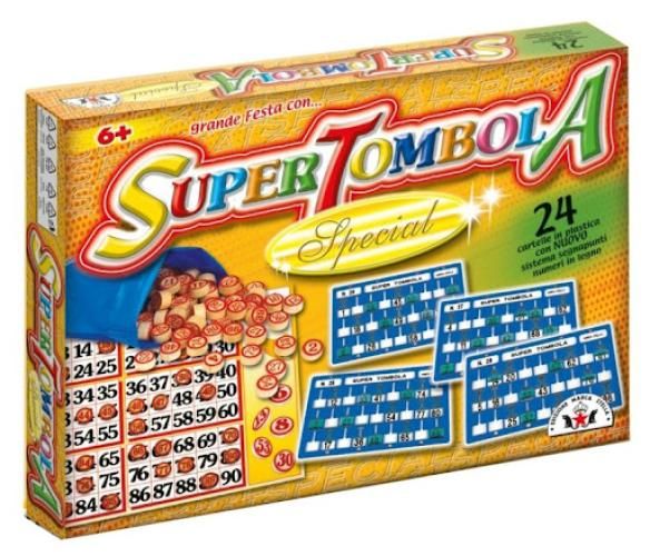 Super Tombola Special, 24 cartelle in  plastica con nuovo sistema segnapunti e numeri in legno,Edizione Marca Stella,Eta 6+