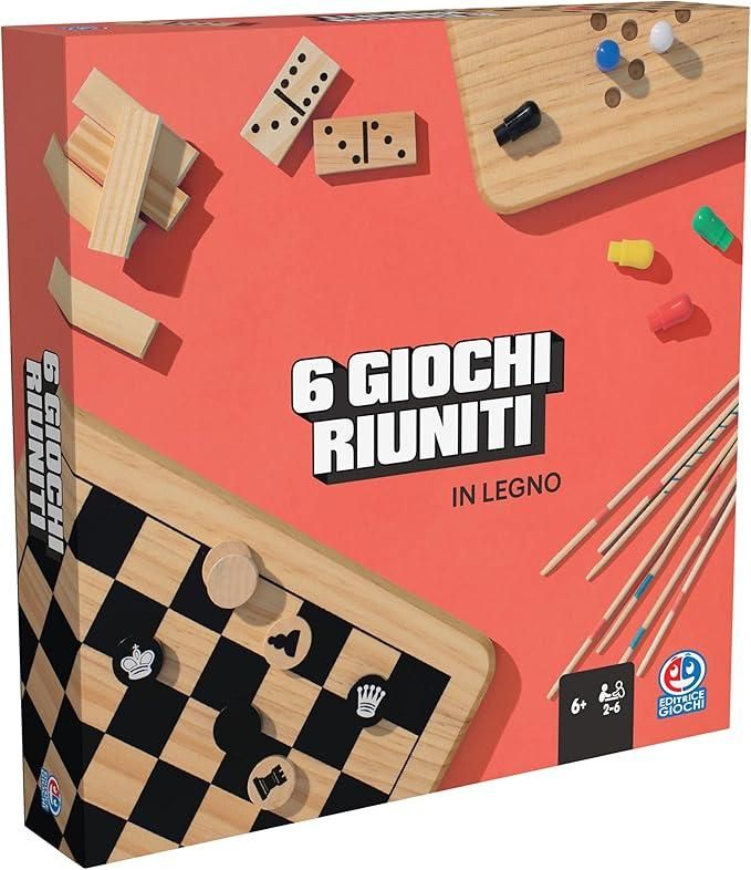 Editrice Giochi, Giochi da Tavolo Classici, Set di 6 giochi da tavolo in legno, Scacchi, Dama, Dama Cinese, Domino, Torre in Legno, Shangai,SpinMaster,Eta 6+