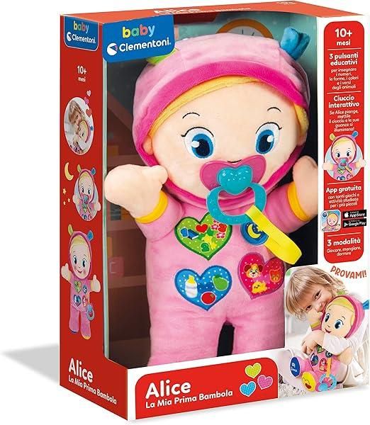 Alice, la Mia Prima Bambola, Peluche,entro Attivita con Ciuccio e 3 Tasti per Imparare Forme, Numeri, Colori, Parole e Versi degli Animali, Clementoni,Eta 10+ mesi