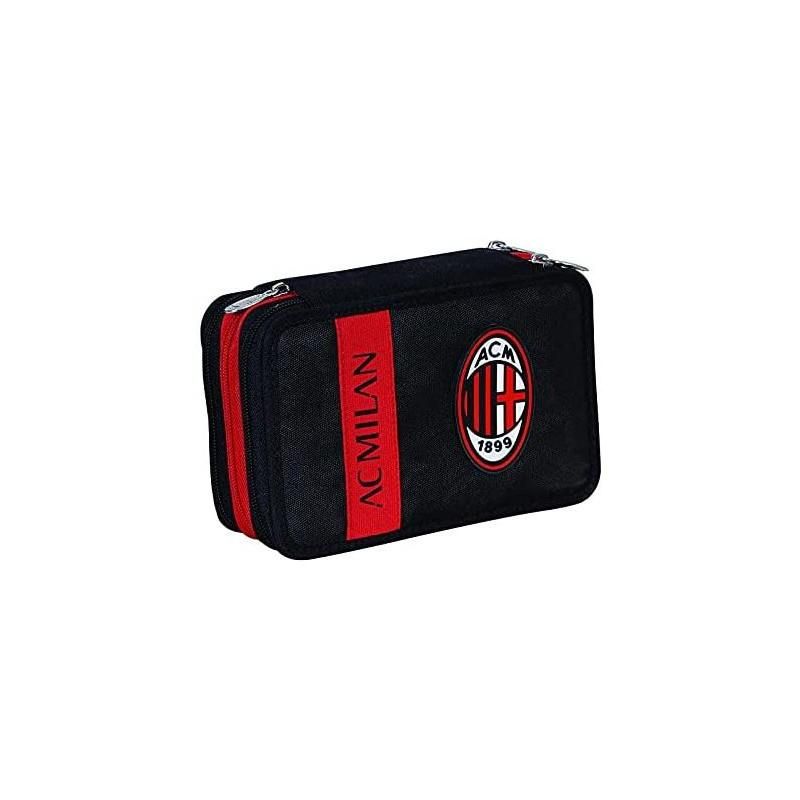 Astuccio-Astuccio Scuola 3 Scomparti, A.C Milan Calcio - Rosso Nero - Portapenne Multi Scomparto Con Matite, Penne e Colori, Accessori