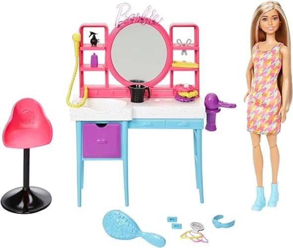 Barbie - Playset Salone di Bellezza Bambola Super Chioma, include 1 bambola con capelli lunghi cambia-colore, abito pied-de-poule e 15+ accessori per capelli,Mattel,Eta 3+