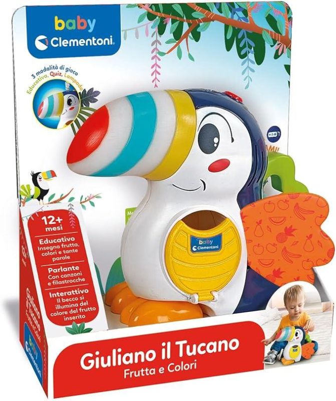 Giuliano Il Tucano, Centro attivita Prima Infanzia,2 modalita di Gioco per Imparare Parole e Colori, con 7 Gettoni Frutta, Luce Notturna, Clementoni,Eta 12 + mesi