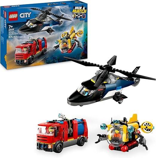 LEGO City 3in1 Elicottero, Autopompa e Sottomarino - Giocattolo Combinabile con Veicoli da Costruire e 3 Minifigure, Eta 7+