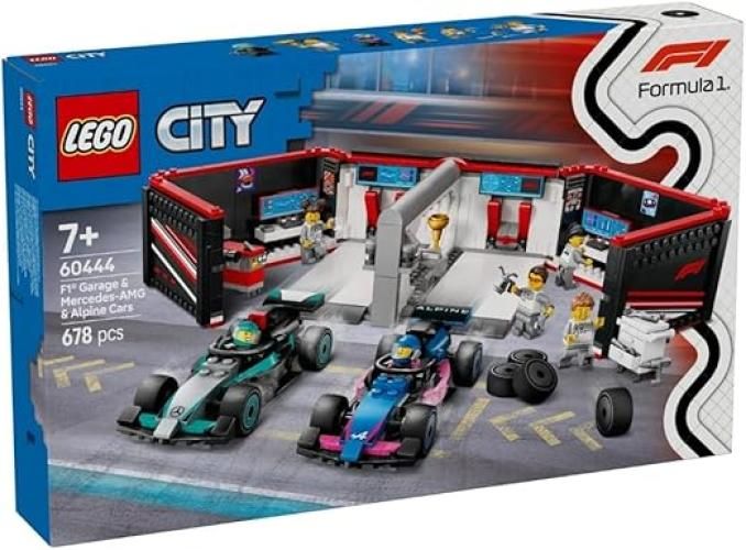 LEGO City Garage con Monoposto Mercedes-AMG e Alpine F1, Auto da Corsa Giocattolo con 2 Minifigure di Piloti e 4 Meccanici,Eta 7+