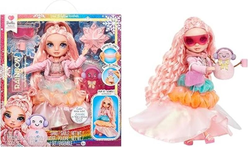 Rainbow High Winter Wonderland - Bella (Rosa) - Bambola fashion da 28 cm, con neve magica nascosta che si gonfia con l`acqua, con kit per pupazzo di neve,MGA,Eta 4+