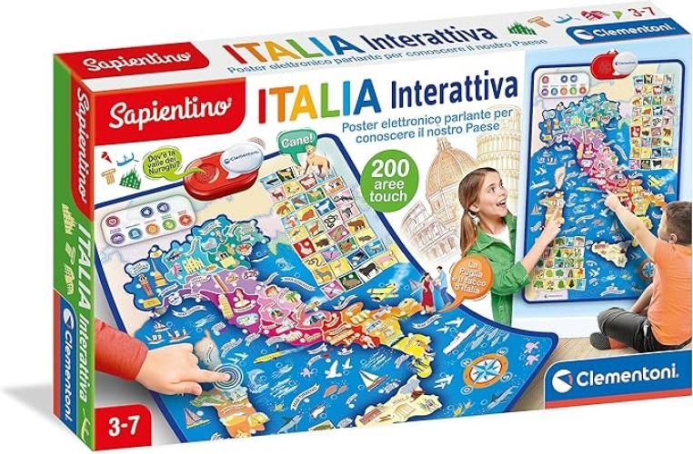 Sapientino - Italia Interattiva,Mappa Parlante, Poster Elettronico per Imparare la Geografia, 5 modalita di Gioco, 200 Touchpoint, Lingua Italiana,Clementoni,Eta 3-7
