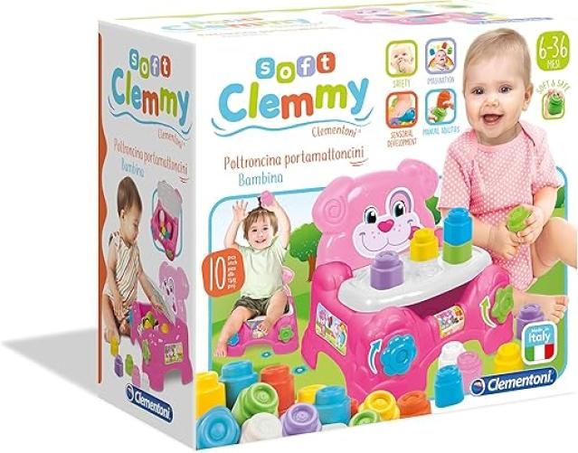 Soft Clemmy - Poltroncina Porta Mattoncini Pink con Mattoncini per Costruzioni, Lavabili e Atossici, Cagnolina con Vano Contenitore,Clementoni,Eta10-36 mesi