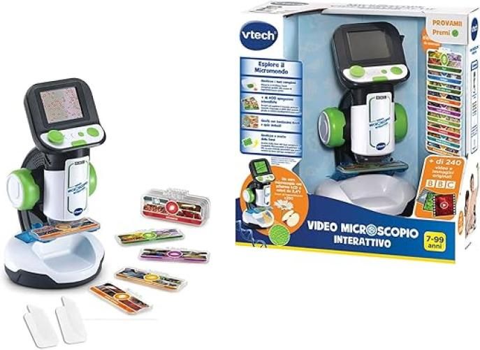 VTech Video Microscopio Interattivo, Microscopio Bambini Digitale con Video Originali BBC, Schermo 2,4`, Zoom 200x, 9 Vetrini Illustrati, Slot MicroSD, Lingua Italiana, Batterie Incluse, Vtech,Eta 7-99 anni