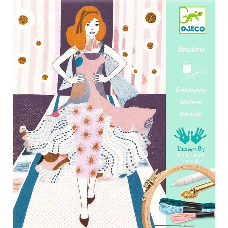 Broderie Fashion Week,Kit per ricamo con ago filo e brillantini,Djeco,Eta 8-14 anni