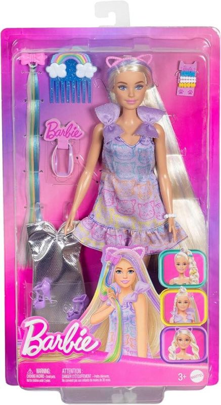 Barbie - Bambola Fun & Fancy, con lunghissimi capelli biondi ed extension, abito metalizzato color argento, 2 look e accessori inclusi,Mattel,Eta 3+