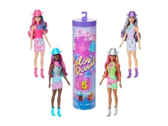 Barbie - Color Reveal Serie Country Chic, bambola a sorpresa con corpetto scintillante metalizzato e 6 accessori inclusi, effetto cambia colore, 1 pezzo casualeMattel,Eta  3+