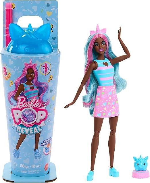 Barbie - Pop Reveal Serie Animal Party, bambola con cerchietto da unicorno e cucciolo incluso, 8 accessori a sorpresa con effetto cambia colore,Mattel,Eta 3+