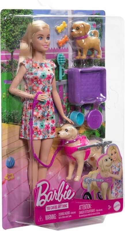 Barbie - Playset con bambola Barbie, 2 cuccioli e tanti accessori per gli animali inclusi, 1 cucciolo in carrozzina rimovibile con ruote funzionanti,Mattel,Età 3+