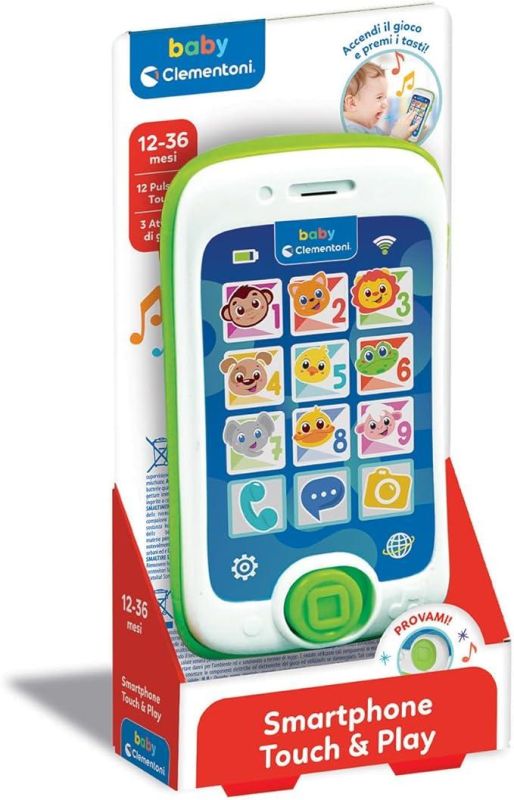 Baby Smartphone Touch & Play, Telefono Bambini i, Centro attivita con 3 modalita di Gioco e 12 Tasti per Scoprire Nomi degli Animali, Numeri e Parole, Lingua Italiana,aby Clementoni,Eta 12-36 mesi