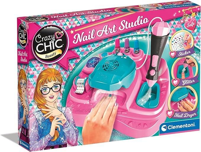 Crazy Chic - Nail Art Studio, Set Completo per Manicure e Nail Art per Bambine i, Kit Decorazione Unghie con Macchina Spara Glitter e Asciuga Smalto,Clementoni,Eta 6+