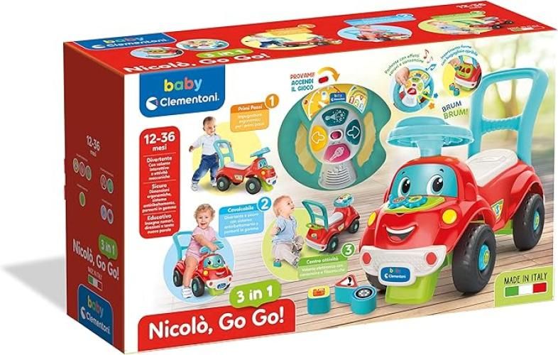 Nicolo Go Go 3 in 1, Macchinina Bambino , Gioco Prima Infanzia Primi Passi, Cavalcabile e Centro Attivita Italiano e Inglese, Stimola Motilita e Curiosita,Baby Clementoni,Eta 12-36 mesi