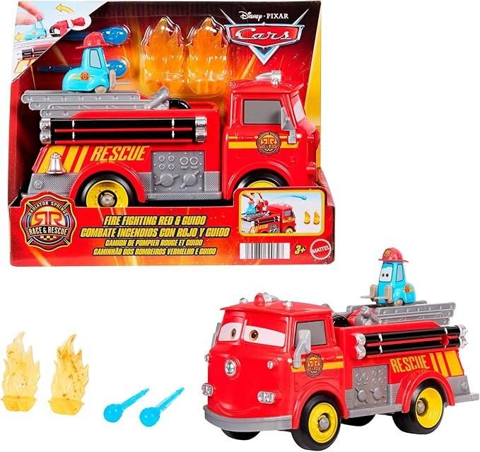 CARS - Sfreccia e Soccorri Red e Guido Pompieri, set con camion dei pompieri, 2 bersagli a forma di fiamma e 2 proiettili ad acqua inclusi,,Mattel,Eta 3+