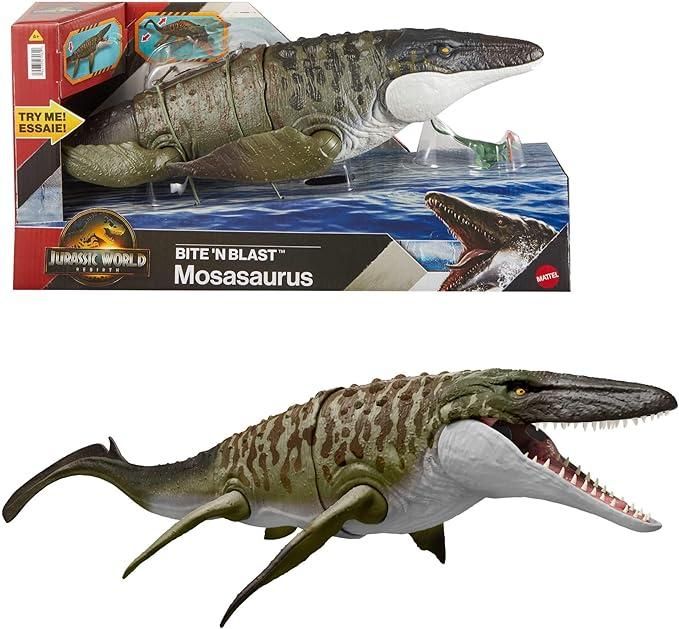 Jurassic World La Rinascita Mosasauro Morso Letale, action figure e mini dilofosauro, dinosauro con enormi fauci, snodato e fedele al film, gioco digitale,Mattel,ETa 4+