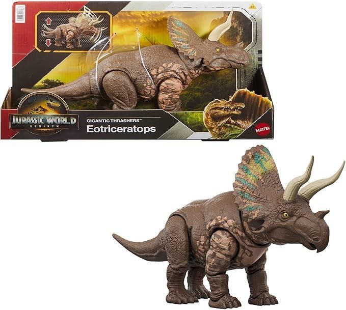 Jurassic World La Rinascita Predatori Giganti, dinosauro giocattolo Eotriceratopo, grandi dimensioni, 2 attacchi furiosi attivati dalla coda, gioco digitale,Mattel,Eta 4+